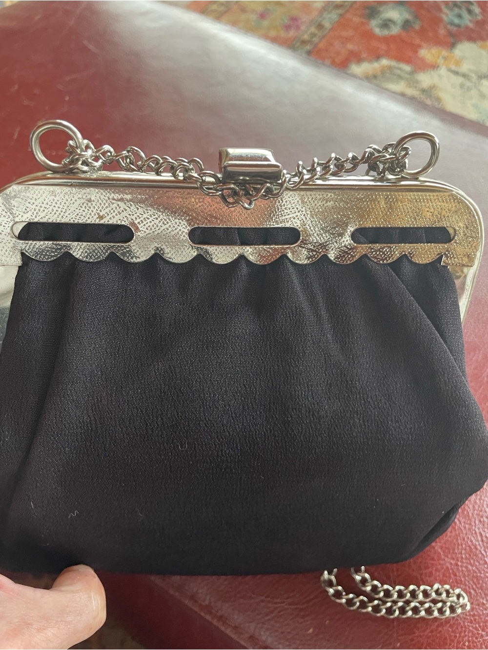 VINTAGE Black Evening Chain Clutch with Silver Frame